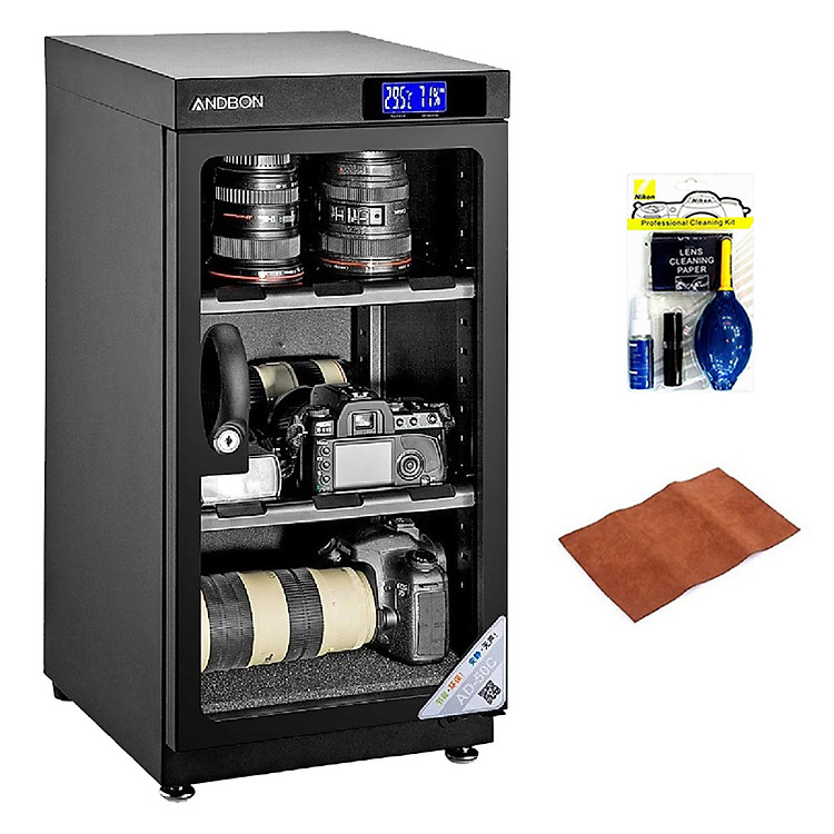 Combo Tủ Chống Ẩm Andbon AD-50C (50 Lít) + Bộ Vệ Sinh Máy Ảnh 8 in 1 + Tặng Khăn Lau Len (Da Thật) - Hàng Nhập Khẩu