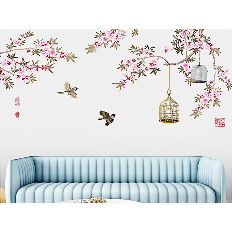 Decal Cành hoa đào và lồng chim