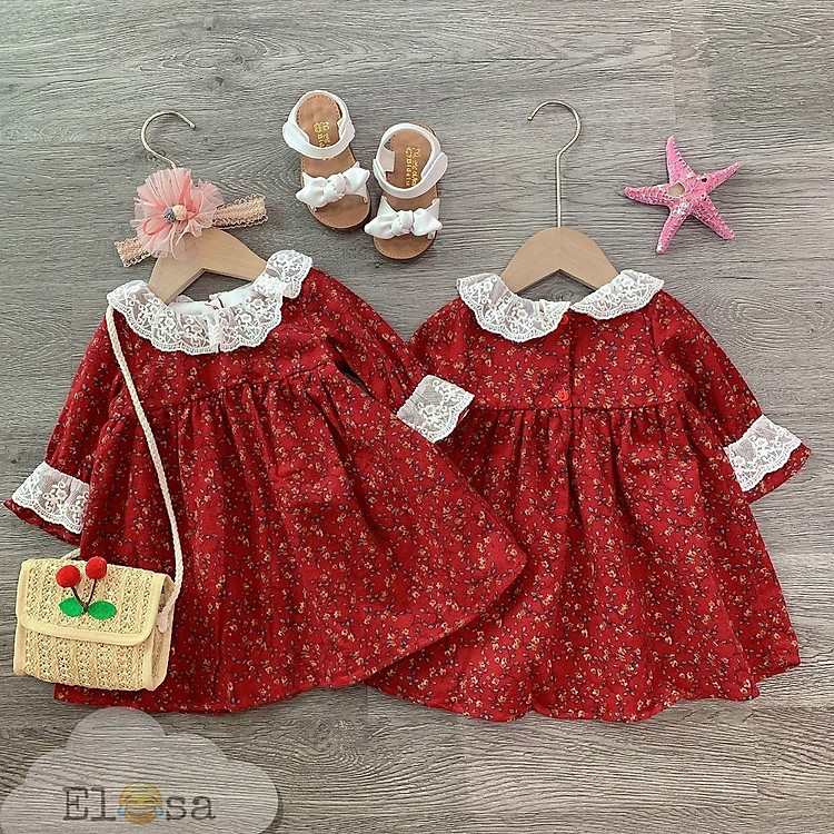 Váy thu đông cho bé hoa đỏ cổ bèo trắng SMS012 chất dạ cho bé từ 8-20kg