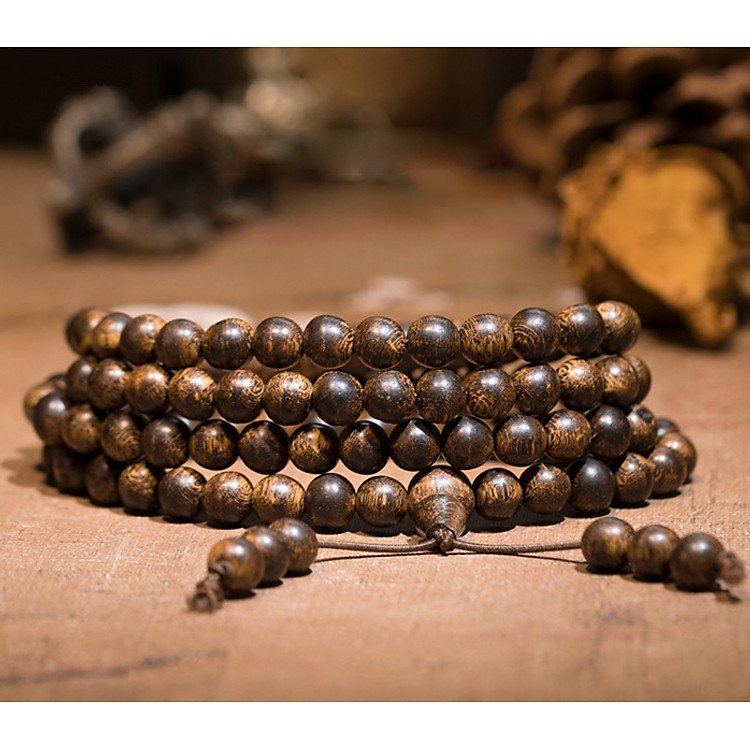 Vòng Tay Gỗ Trầm Hương 108 Hạt - Size Hạt 8 Ly - Mùi Hương Thoang Thoảng - Vân Gỗ Tự Nhiên - Hình Ảnh Thực Tế Trong Mô Tả