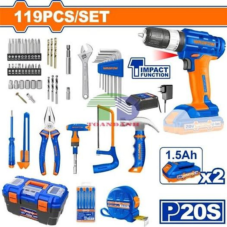 BỘ 119 MÓN DỤNG CỤ GỒM MÁY KHOAN BÚA DÙNG PIN 20V (WCDP522) WADFOW WDT1B119 - HÀNG CHÍNH HÃNG
