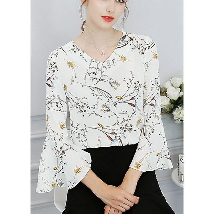 Áo sơ mi voan hoa cổ tim tay loe A-CALAN012