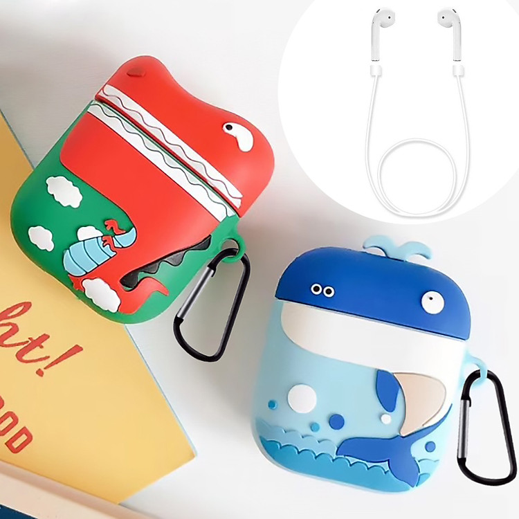 Bộ phụ kiện vỏ bao silicon 3D bảo vệ có kèm móc khoá và dây nối chống rớt, chống mất cho tai nghe Apple Airpods