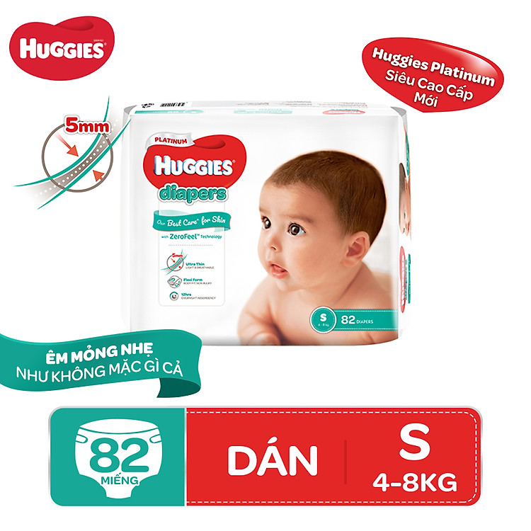 Tã Dán Siêu Cao Cấp Huggies Platinum size S82 - 82 Miếng (4 - 8kg)