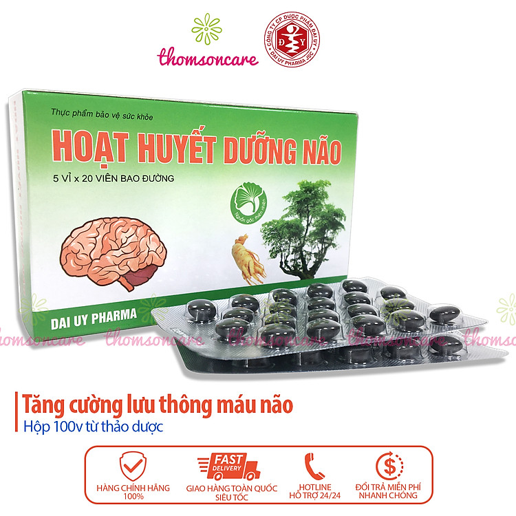 Hoạt huyết dưỡng não - Hộp 100 viên bao đường - tuần hoàn não, Dược Đại Uy, từ đinh lăng, bạch quả