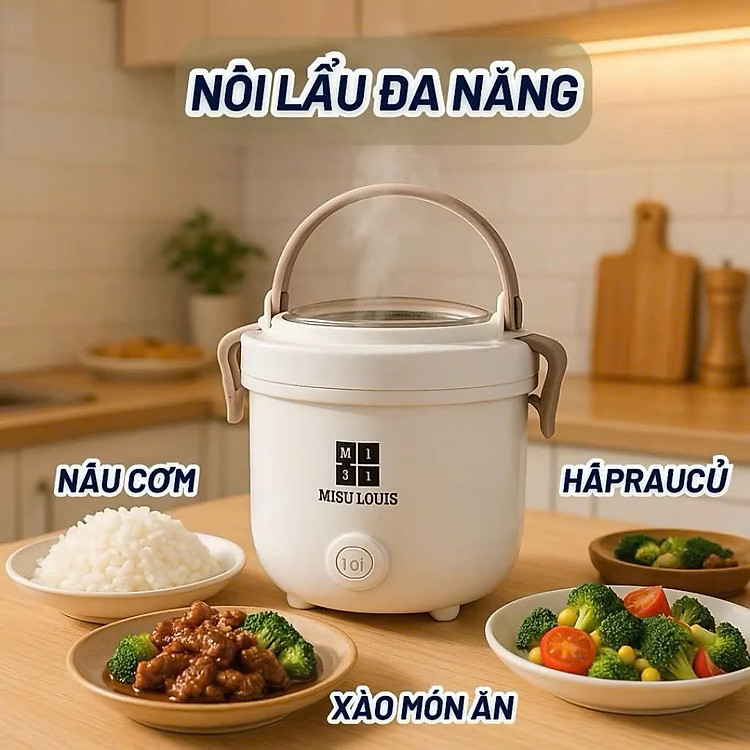 Nồi Lẩu Điện Mini Đa Năng 2.5L MISU LOUIS - Nồi Nấu Mì, Hấp, Chiên, Lẩu Mini Có Xửng Hấp 600W - HÀNG CHÍNH HÃNG MINIIN