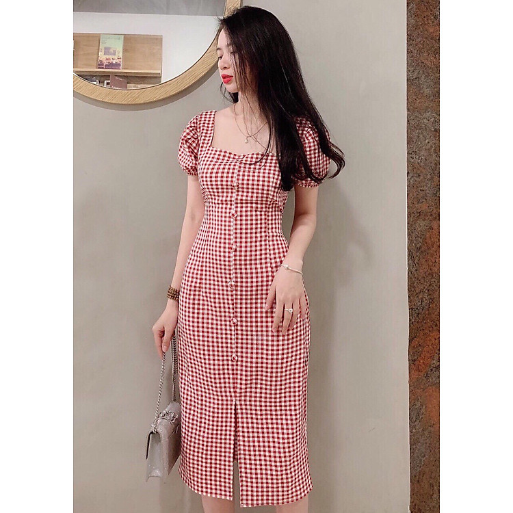 Đầm cổ vuông nút bọc 2 màu