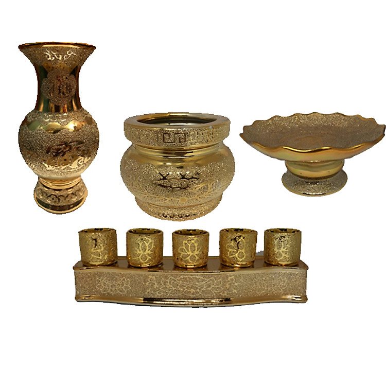 Combo Bộ (Bình Bông + Dĩa + Lư + Án) Kim sa để bàn thờ Thần Tài PT0188