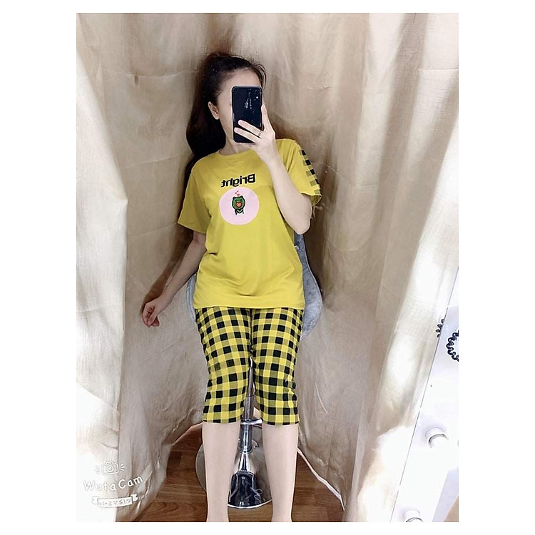 Đồ bộ mặc nhà quần lửng phối sọc áo thêu hình siêu xinh thun cotton thoáng mát size từ 40 đến 64kg
