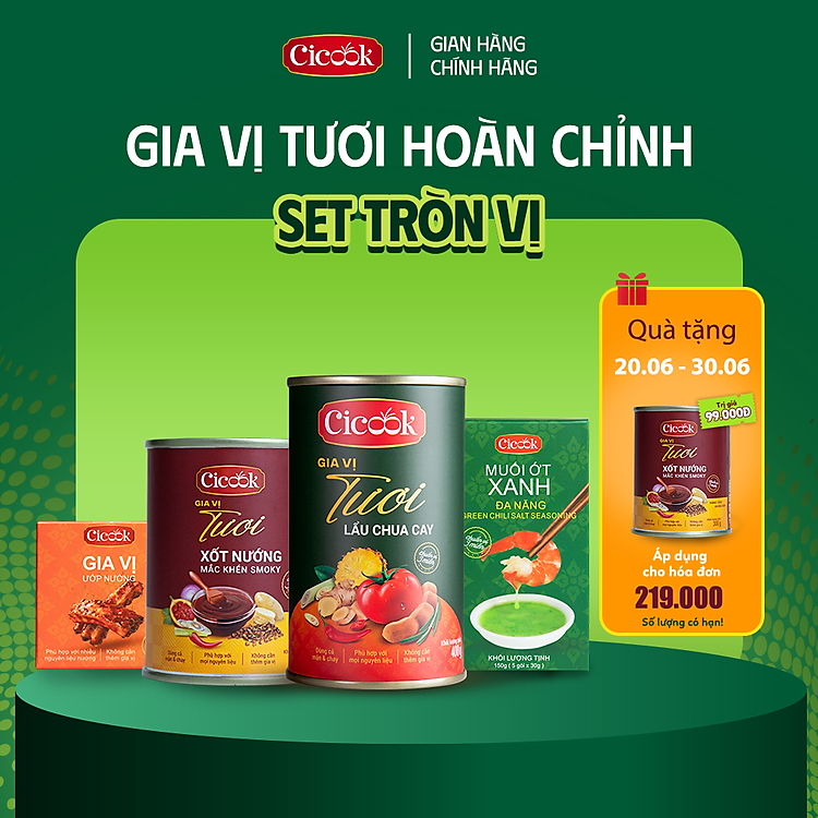 [SET TRÒN VỊ] 1 Lon Xốt Lẩu Chua Cay Cicook 400G + 1 Hộp Muối Chấm Ớt Xanh Cicook 210G+ 1 Bộ Xốt Ướp Nướng Cicook 330G
