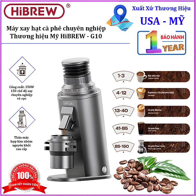 Máy xay hạt cà phê chuyên nghiệp Single Dose, 150 cấp độ xay vô cấp. Thương hiệu Mỹ cao cấp HiBREW - G10. HÀNG CHÍNH HÃNG