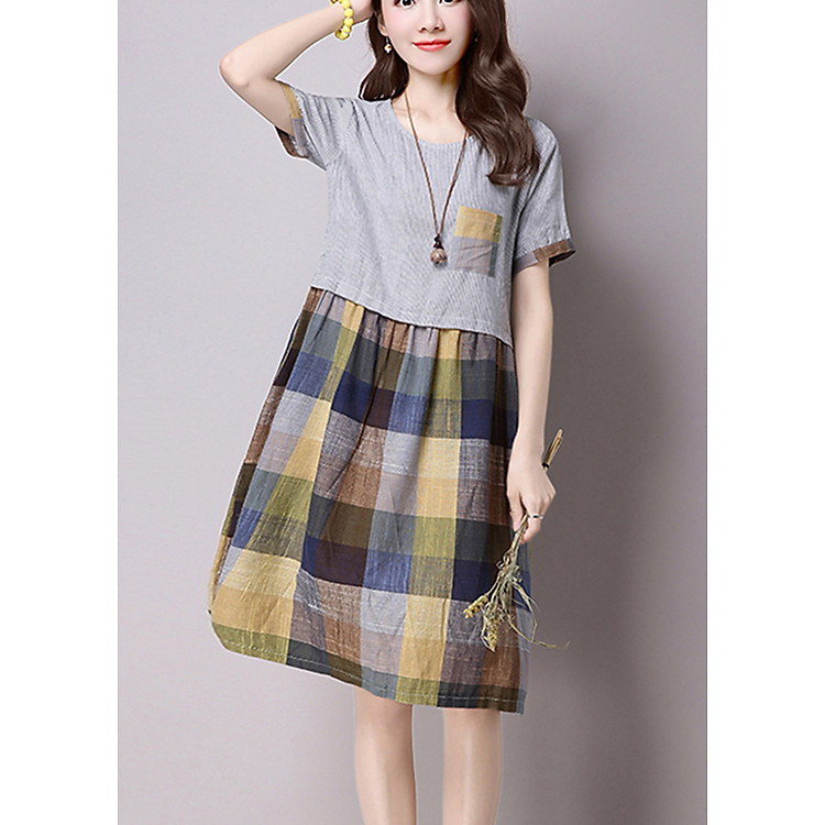 Đầm suông dạo phố phối kẻ caro DAM023