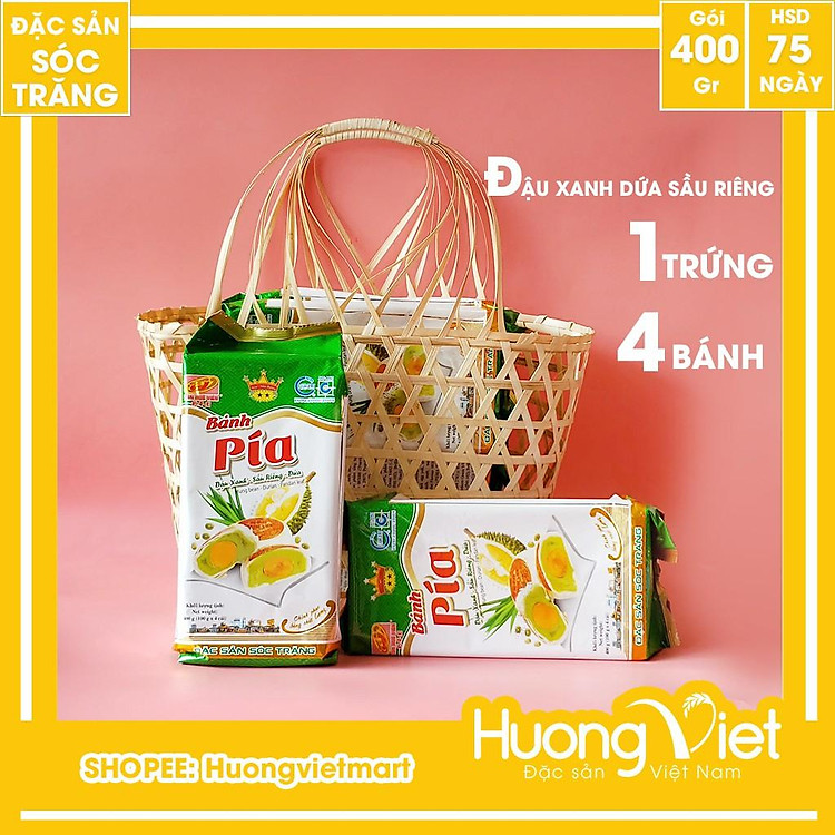 Bánh pía lá dứa sầu riêng trứng muối 400g, bánh pía Tân Huê Viên vị dứa thơm ngon