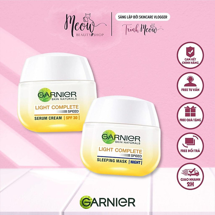 Kem dưỡng serum Garnier sáng da ban ngày và măt nạ ngủ ban đêm Light Complete 50ml