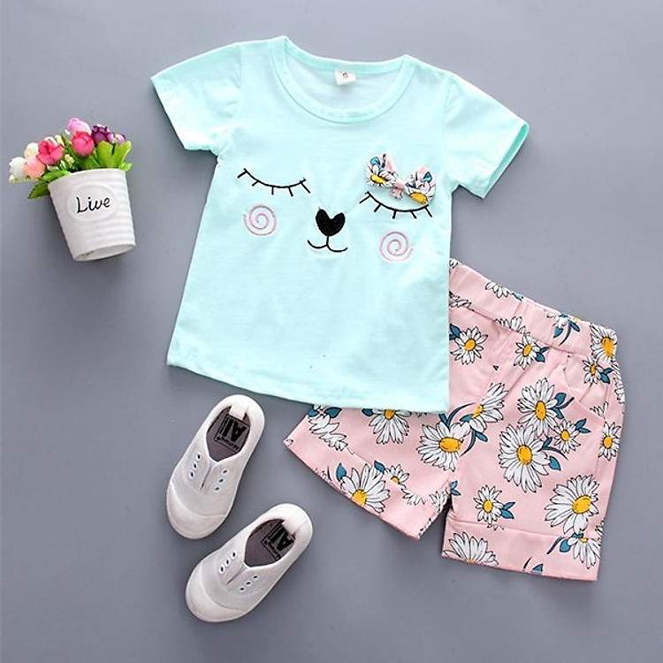 Bộ Quần Áo Mắt Nhắm Xanh Hồng - Chất Cotton