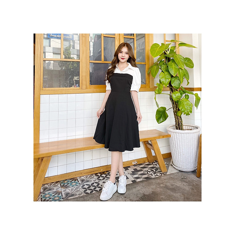 Đầm đen tay phồng phối trắng BEMINE MT1074DEN