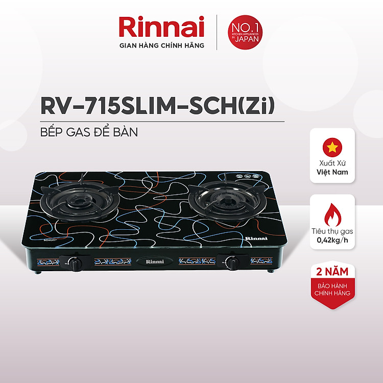 Bếp gas dương Rinnai RV-715Slim-SCH(Zi) mặt bếp kính SCHOTT và kiềng bếp men - Hàng chính hãng.