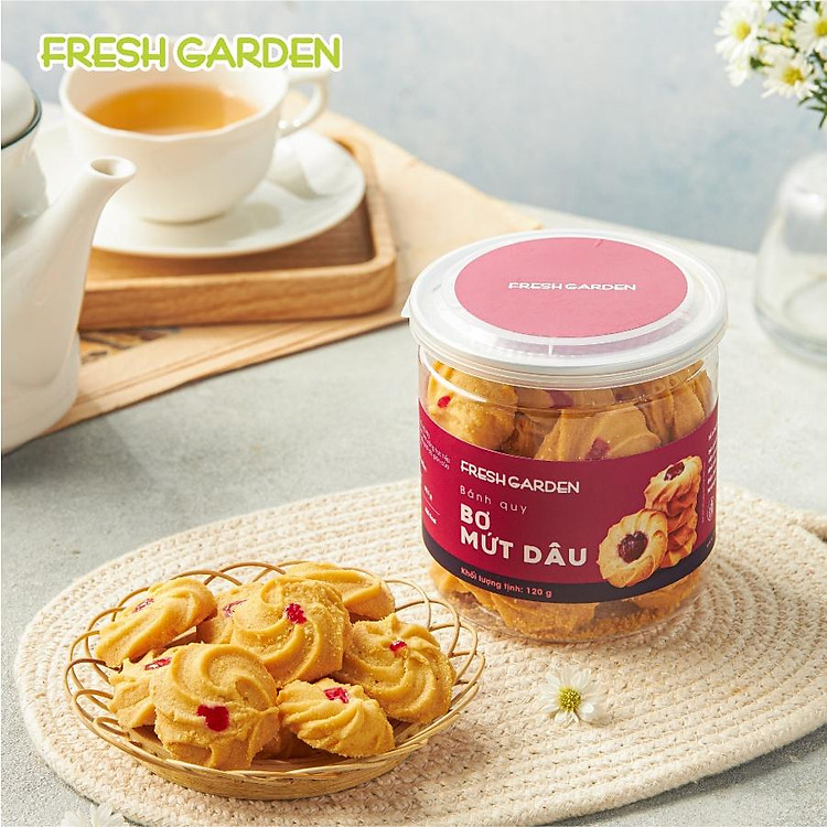 Bánh Quy Bơ Ăn Vặt FRESH GARDEN Vị Mứt Dâu Thơm Lừng Hương Bơ Và Vani Hộp 120g