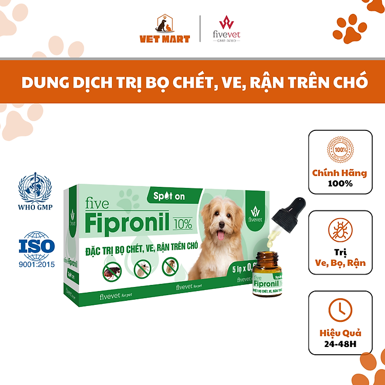 Lọ Nhỏ five Fipronil Spot on 10% Hỗ Trợ Trị Bọ Chét, Ve, Rận Cho Chó (0,67ml) - Fivevet