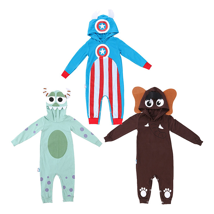 Combo 3 Bộ Bodysuit Dài Liền Nón Cho Bé Trai Hình Voi Mamut, Quái Vật , Đội Trưởng Mỹ - Mihababy - PBDSTKBOY_MAMUT_MONSTER_CAP