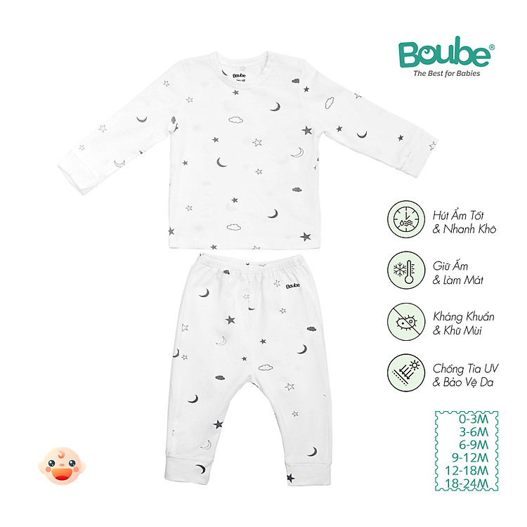 Bộ quần áo dài tay cúc bấm vai họa tiết xinh xắn cho bé Boube, Vải Cotton organic thoáng mát - Size 0-24M