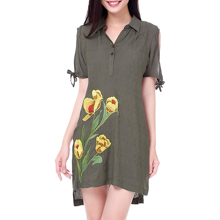 Đầm Trung Niên Thêu An Thủy 583 - Xanh Rêu (Free Size)