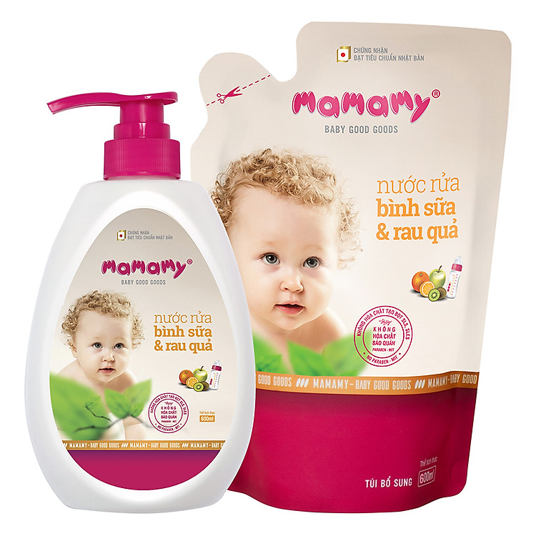 Nước Rửa Bình Sữa Và Rau Quả An Toàn Cho Bé Mamamy (600ml/Chai) + tặng kèm 1 túi bổ sung cùng loại