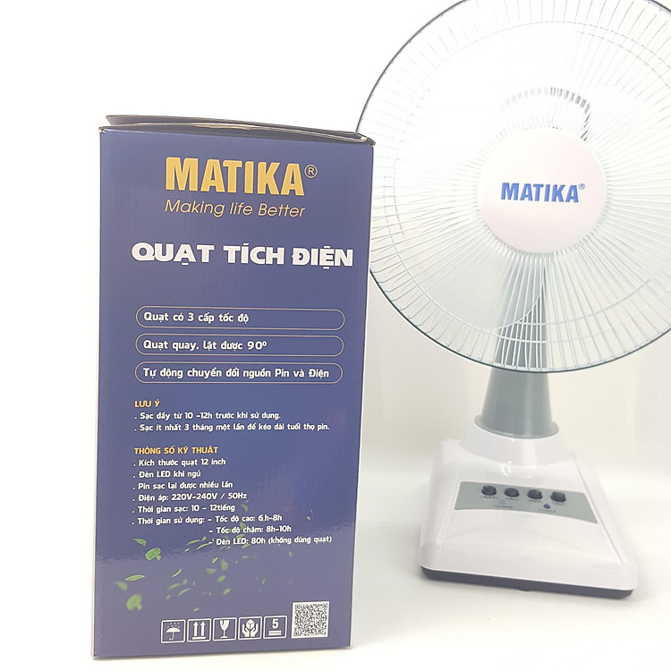 Quạt tích điện Matika 18W nhỏ gọn, thích hợp nhiều không gian màu trắng xám MTK-6312