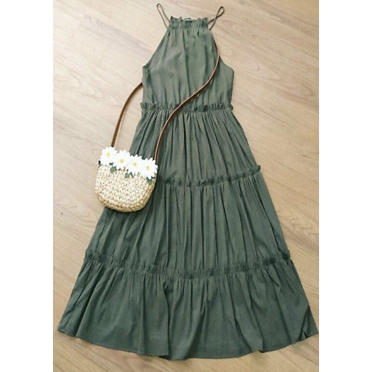 đầm maxi xanh rêu cổ yếmXDS205