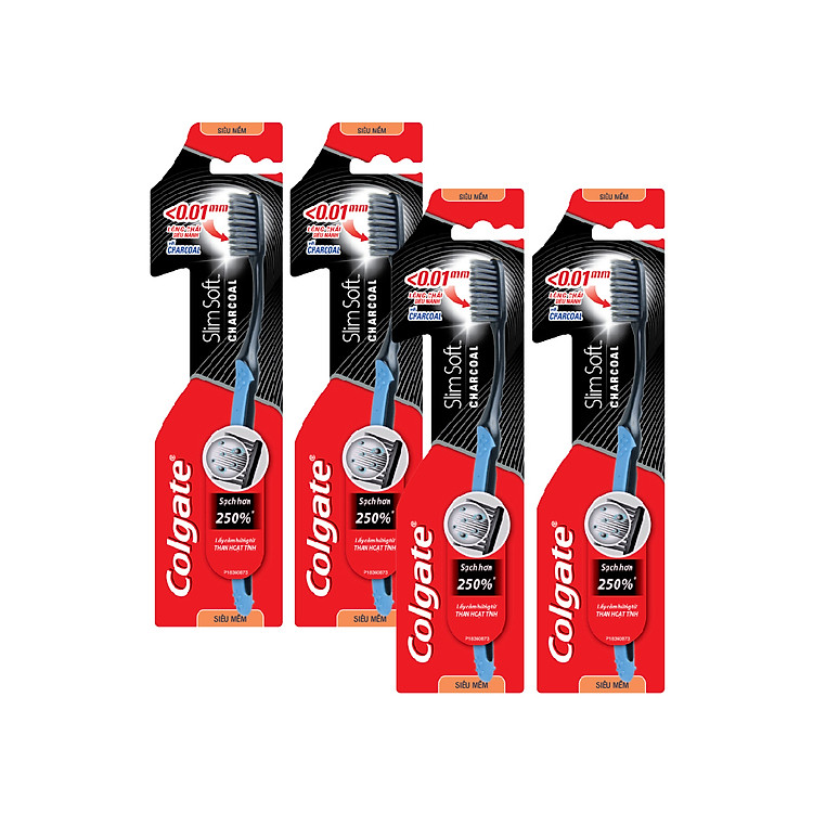 Bộ 4 bàn chải đánh răng Colgate than hoạt tính kháng vi khuẩn SlimSoft Charcoal mềm mảnh (Màu và Bao bì ngẫu nhiên)