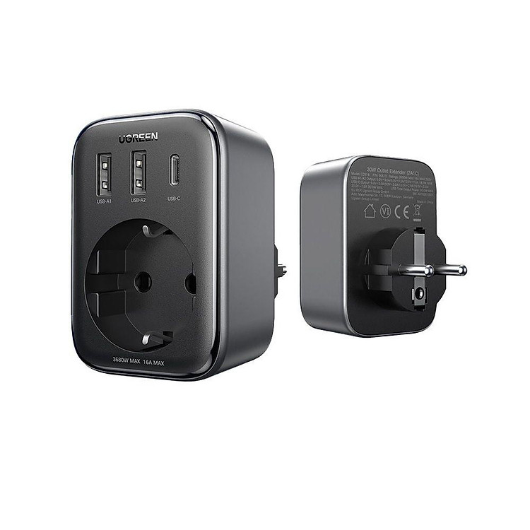 Ugreen 90613 30w 2 cổng USB A và 1 USB-C màu xám 2A1C Sạc điện thoại cắm tường EU tròn CD314 20090613 - Hàng chính hãng