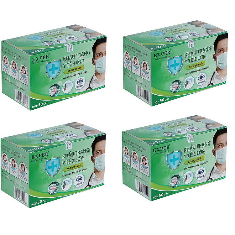 Combo 4 hộp khẩu trang y tế EXPER 3 lớp kháng khuẩn giành cho người lớn hộp 50 cái. Sản phẩm tai vải dán công nghệ Nhật không đau tai khi đeo. GIao ngẫu nhiên màu xanh hoặc trắng