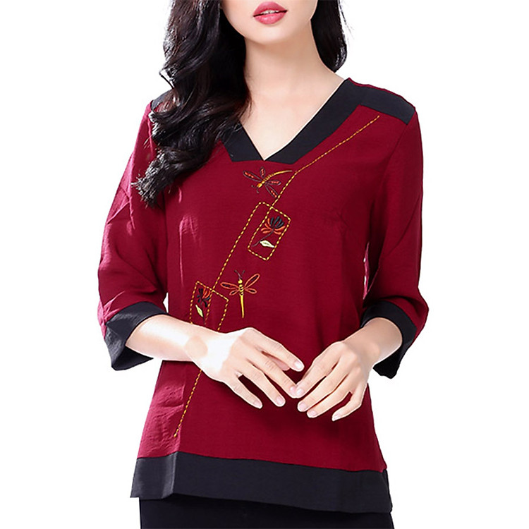 Áo Thêu Cổ V Oversize An Thủy 686 - Đỏ Đô