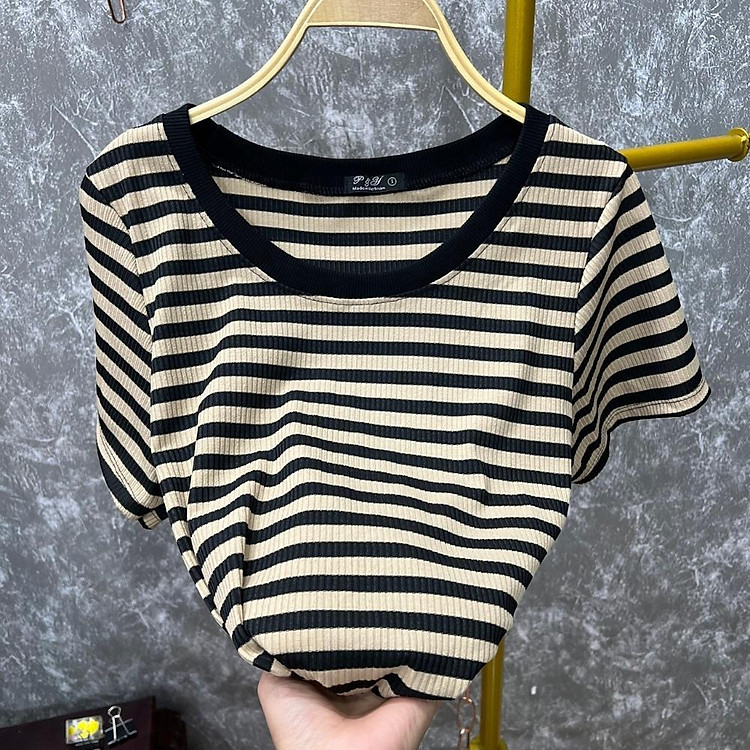 Áo thun bigsize nữ cổ tròn viền tay ngắn thời trang cơ bản dáng dài hoạt tiết sọc chất liệu thun tăm gân MM