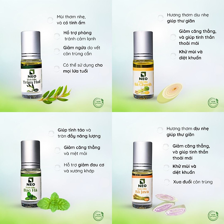 Tinh dầu Tràm-Bạc hà-Sả java-Sả Chanh dạng thanh lăn 5ml- Tinh dầu nguyên chất- Tinh dầu NEO