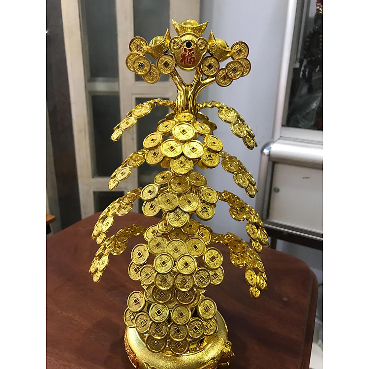 TƯỢNG CÂY TIỀN PHONG THỦY MÀU VÀNG ĐÀY LỘC MAY MẮN TRƯNG BÀN Và BÀN THỜ THẦN TÀU CAO 35CM đk 17cm