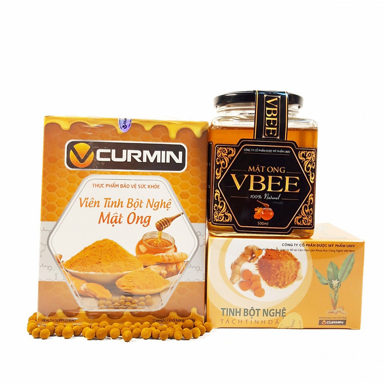 COMBO 3 Thực phẩm chức năng Tinh bột nghệ VCURMIN 250g + Viên tinh bột nghệ mật ong VCURMIN 150g + mật ong VBEE 500ml