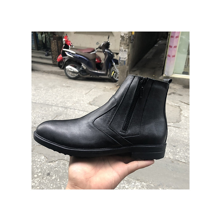 Giày Nam Chelsea Boot Cao Cổ Kéo Khóa Cao Câp SHOES 2H - 55 - Da Bò Thật Trơn Xịn Không Nhăn Màu Đen