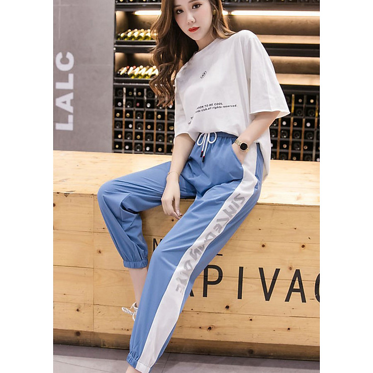 Quần jogger nữ đũi phối chữ lưới