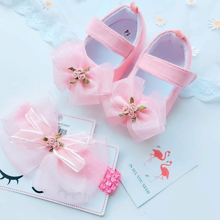 Bộ Giày Tập Đi Và Băng Đô Cho Bé Yêu Tập Đi - Bé 0- 12 Tháng- Giày Màu Hồng Xinh Xắn.