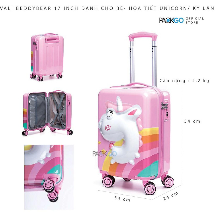Vali Kéo Du lịch Trẻ Em MCN Beddy Bear 17 inch - họa tiết Kỳ Lân dập nổi 3D chống va đập, bánh xoay 360 - Khóa TSA cố định trên Vali - Bảo hành 5 năm MIỄN PHÍ