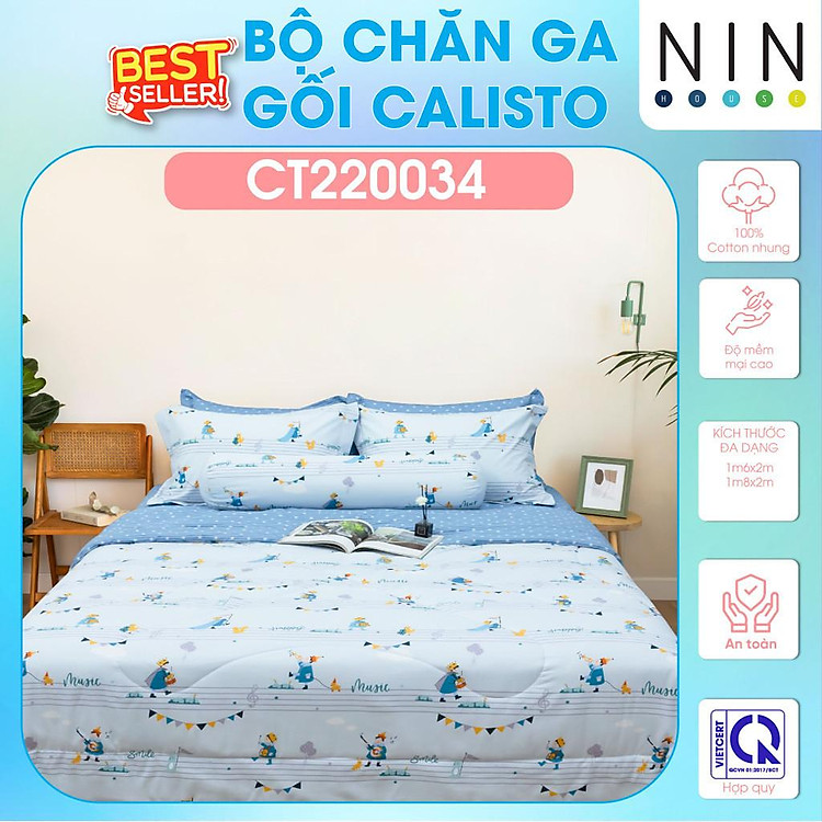 NEW ARRIVAL Bộ 5 món drap cotton, áo gối, mền chần NIN Calisto CT220034 1m6, 1m8 bọc nệm bo chun, cao cấp