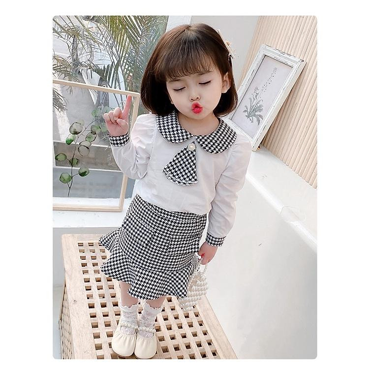 Set váy sơ mi chân váy đuôi cá kèm cà vạt cho bé gái