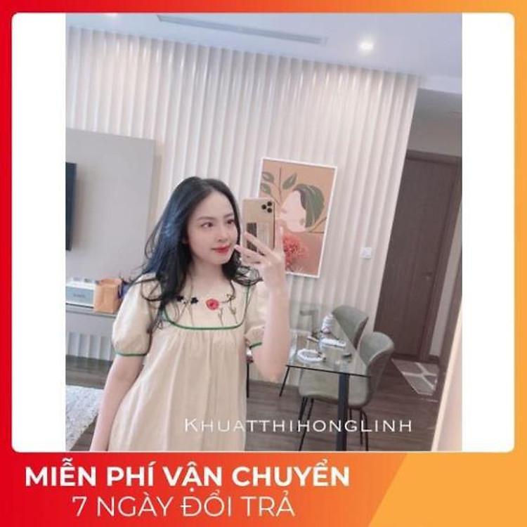 VÁY THỤNG KEM THÊU HOA CỔ CỘT EO