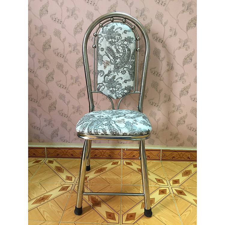 Ghế inox cao cấp mặt nệm gấp gọn có tựa lưng, hoa văn sang trọng