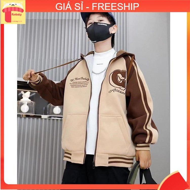 Áo khoác nỉ bé trai size đại 10-18 tuổi phối màu thêu đáp chữ C, Áo khoác cho bé kéo khóa có mũ thời trang cao cấp