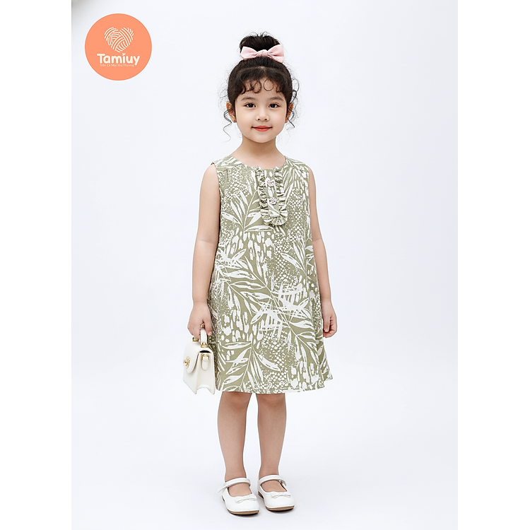 TAMIUY – Đầm Linen Thiết Kế Bé Gái Họa Tiết Hoa Phối Bèo Trụ Đính Nút Hoa Cao Cấp
