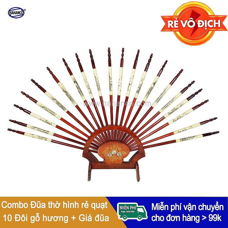 Bộ đũa thờ 10 đôi + giá rẻ quạt bằng gỗ Hương (CTH790)