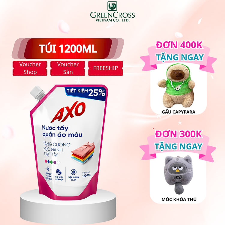Combo 2-8 Túi Nước tẩy quần áo màu AXO 1200ml đánh bay vết bẩn lưu giữ màu quần áo