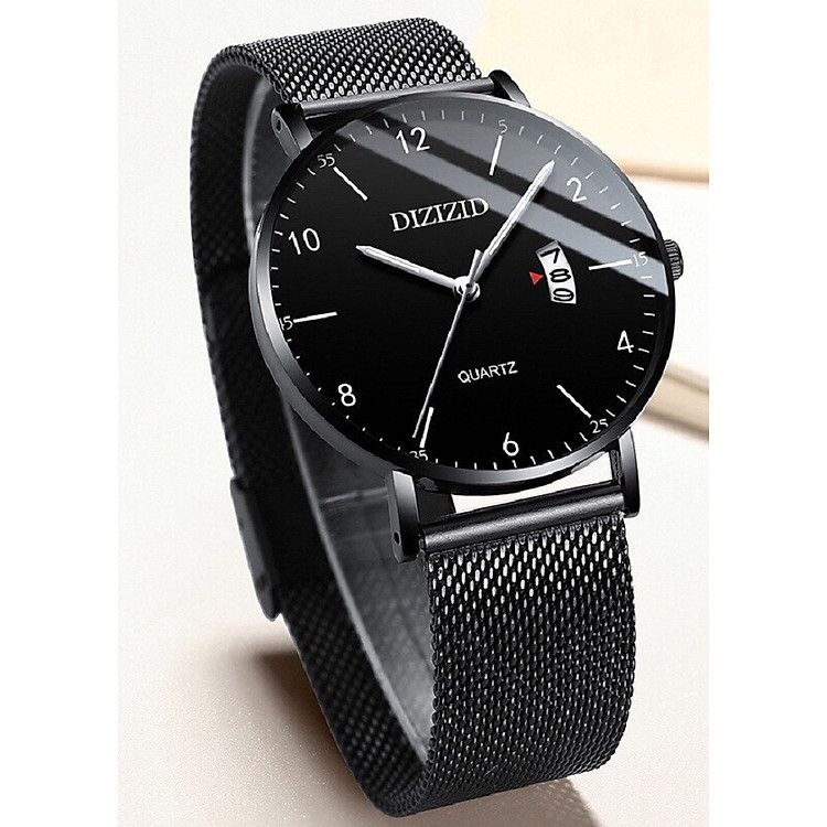 Đồng hồ nam dây thép lụa đen DIZIZID mặt mỏng chạy lịch ngày cao cấp Z3D8